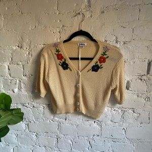 Cropped Button Up Knit Top with Embroidered Flowers